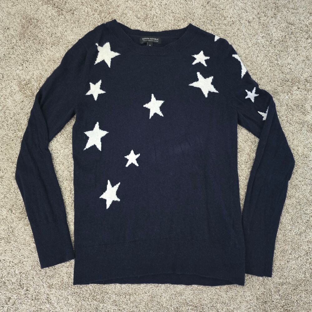 Banana Republic Italian Merino Wool Star Sweater Navy Blue Sz S Soft Cozy Winter